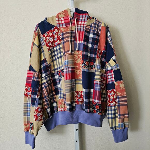 POLO RALPH LAUREN Limited Edition Madras Multicolor Patchwork Fleece Hoodie Sz L - Picture 1 of 16
